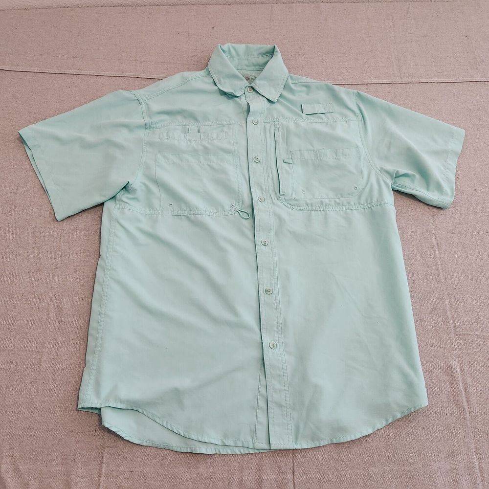 Reel Legends Shirt Men Medium Green Saltwater II Short Sleeve Button Up Vented